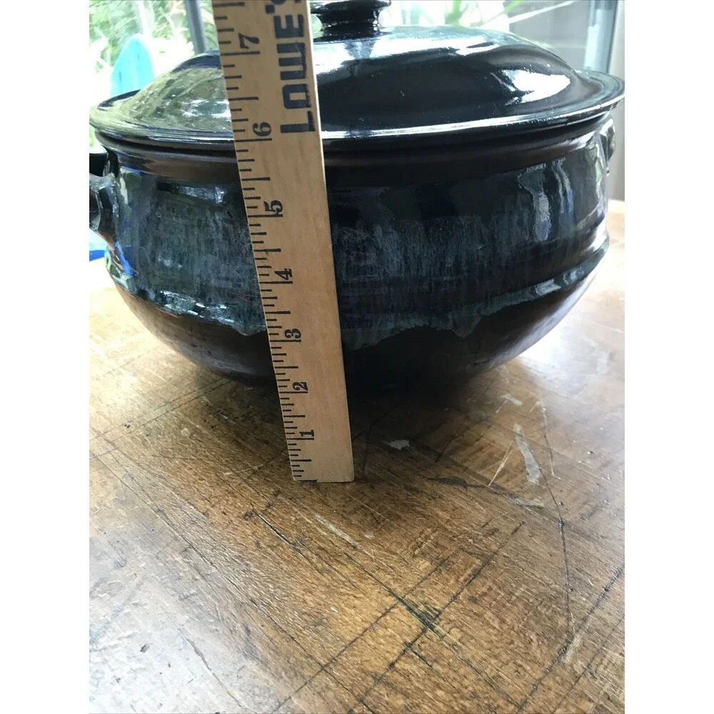 Large Pottery Stoneware Blue Glaze Unsigned With Lid & Handles Cottagecore